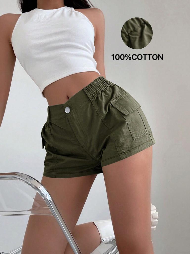 Rose Beauty A Women's Y2K Street Elastic Waist Flap Pocket Side Cargo Shorts Solid Color Simple Casual Shorts For Daily Wear