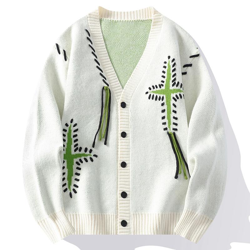 Весна Осень Мужской Повседневный Вязаный Кардиган V-образный Вырез Модный Дизайн Теплый Японский Стиль Свитер Пальто L белый