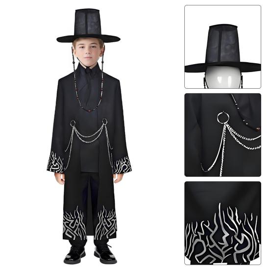 1 Set Black Hunter Costume Set Well-Crafted Traditional Clothing Role-playing Props Coat Trousers Hat Chain