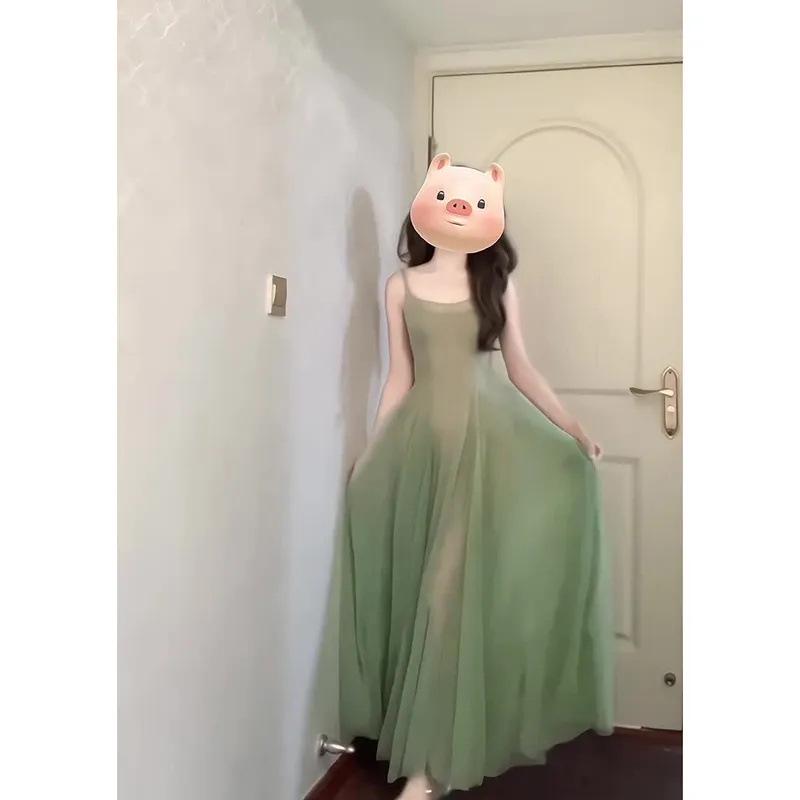 Elegant Summer Spaghetti Strap Dress: Slimming, Color-Blocked Mesh Design for a Unique, Sophisticated Look