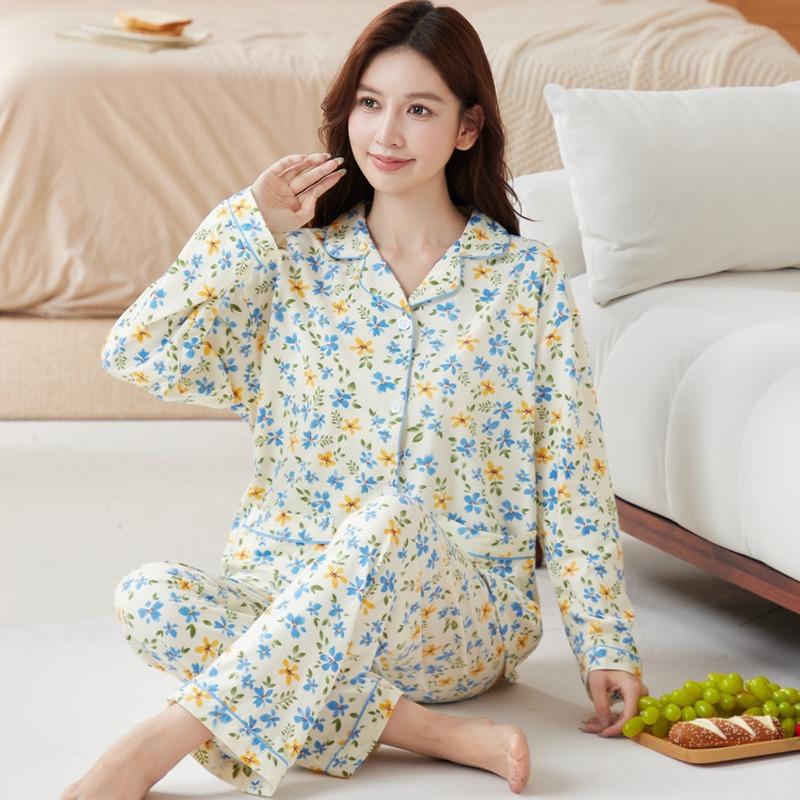 Women's Pajamas Spring and Autumn Imitation Cotton Long-sleeved Autumn New Large-size Cardigan Set Mother Loungewear