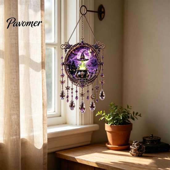 Elegant Craft Gifts Halloween Crystal Window Suncatcher, Acrylic Witch Hanging Wind Chime, Decorative Courtyard Ornaments Ornament for Indoor Outdoor