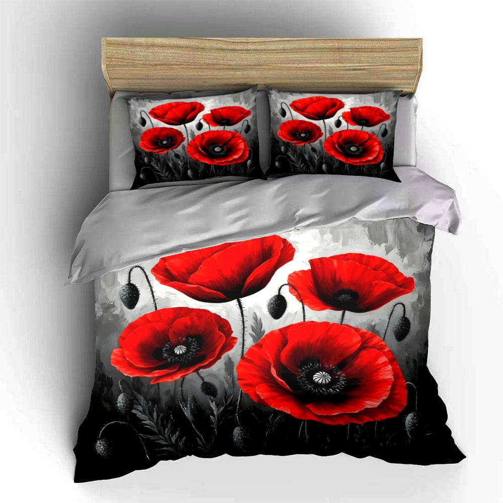 "Red Poppy Trio Wall Decor" kid's and adults' bedroom decor, Exquisite three-piece bedding set gift