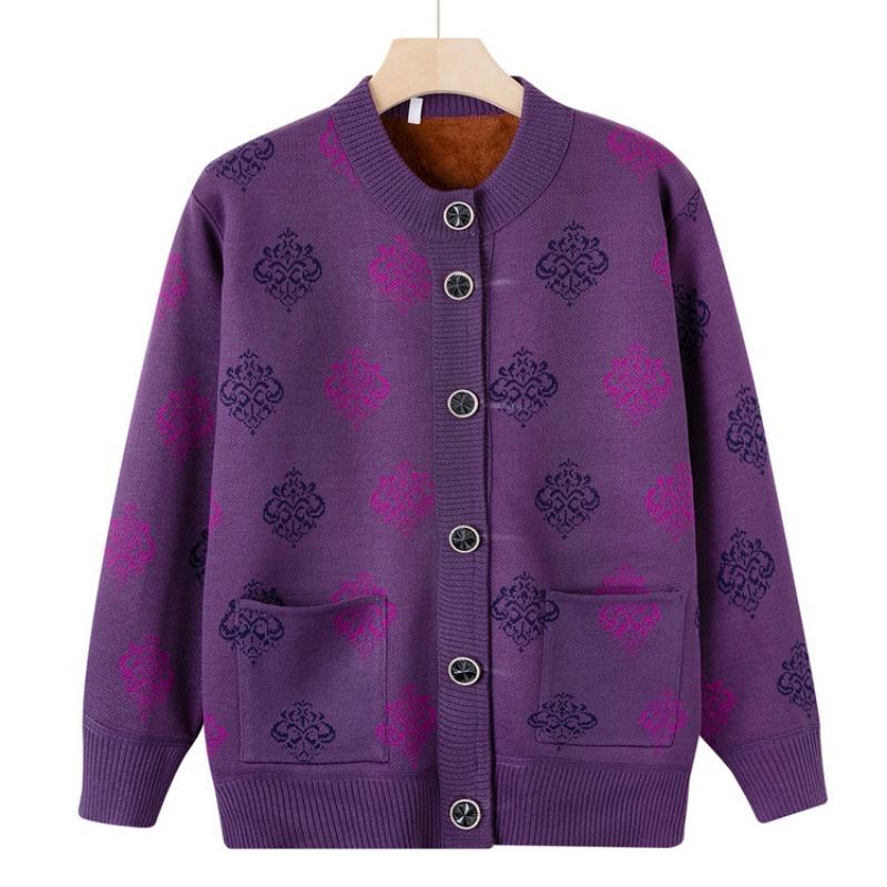 Grandma Autumn and Winter Plush Sweater Cardigan Middle-aged and Elderly Women's New Mother's Knitted Sweater Jacket Thickened Top