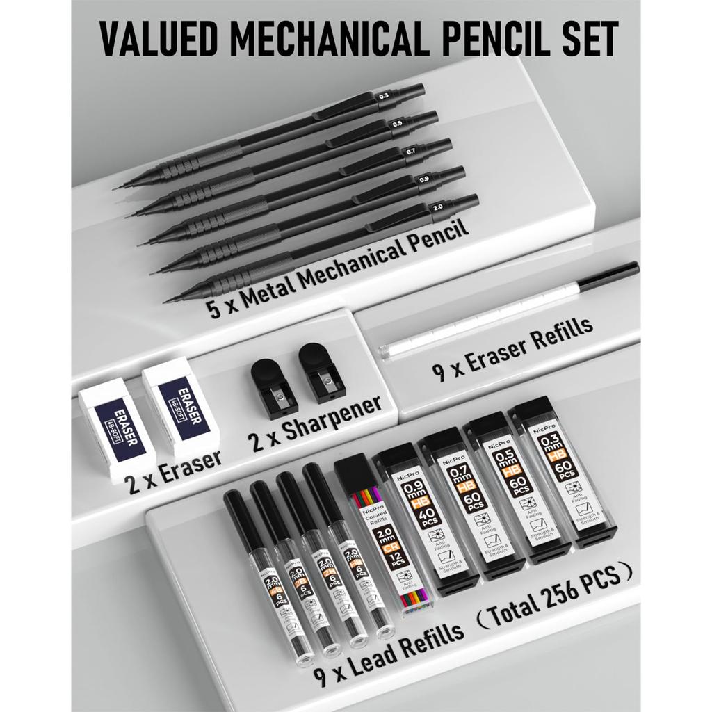 Nicpro Black Art Mechanical Pencil 5pcs Metal Drafting Pencils Mm 2mm Graphite Lead Holder for Sketch Drawing with 9 Tubes 2B HB 2H Lead Refill Eraser