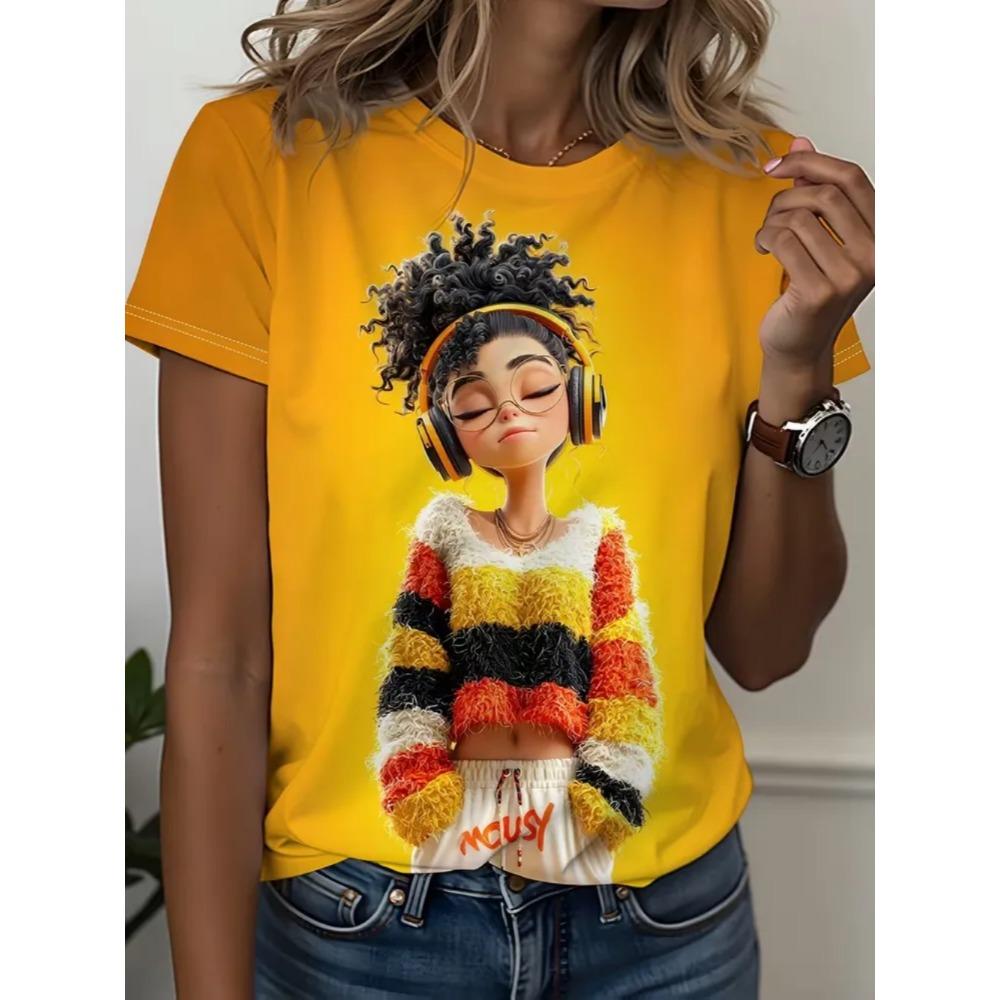

Summer Fashionable Girl 3D Printed Loose Comfortable Plus Size Casual Breathable T-Shirts Women O-Neck T-Shirts 5XL помаранчевий