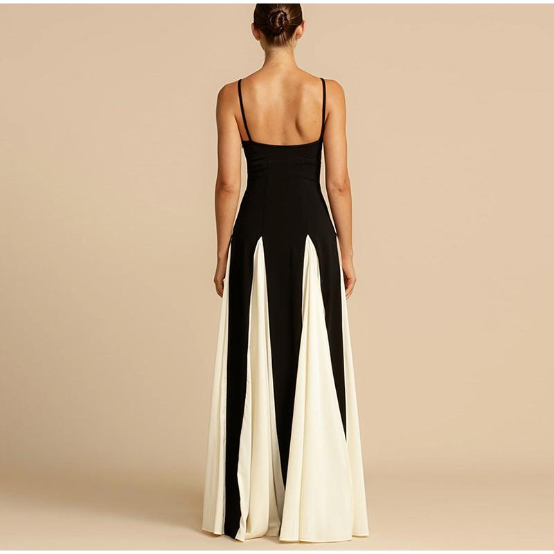 Fashion Contrasting Color Spaghetti Strap Dress for Women Elegant Gauze Backless A-line Long Dresses New Lady Party Evening Dresses