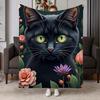 Black Cat Green Eye Realistic Floral Surround Flannel Blanket Soft Cozy Throw for Sofa Bed Pet Portrait Art