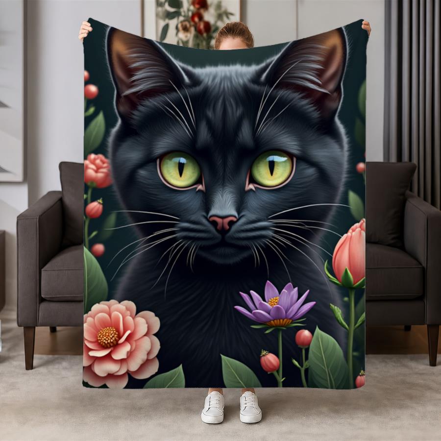 Black Cat Green Eye Realistic Floral Surround Flannel Blanket Soft Cozy Throw for Sofa Bed Pet Portrait Art