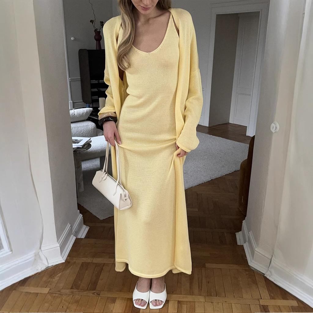 Women's V-Neck Maxi Dress with Longline Cardigan, Elegant Layered Set