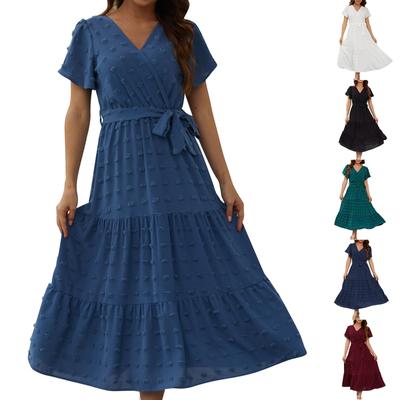 Robe portefeuille bohème à pois pour femmes, col en V, manches courtes, couleur unie, cravate, ligne a, robes longues fluides superposées