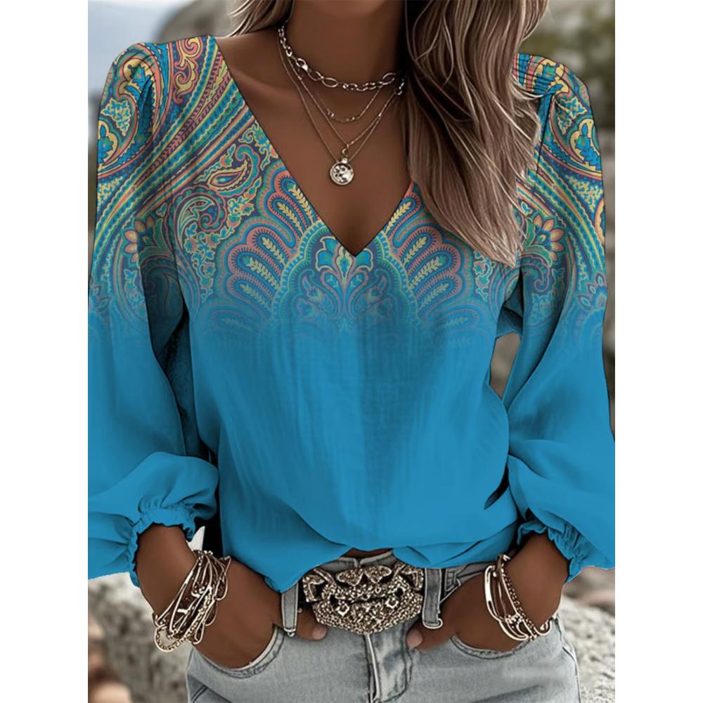 

2026 new style women s retro western pattern printed V-neck shirt, suitable for summer vacations and outdoor gatherings S