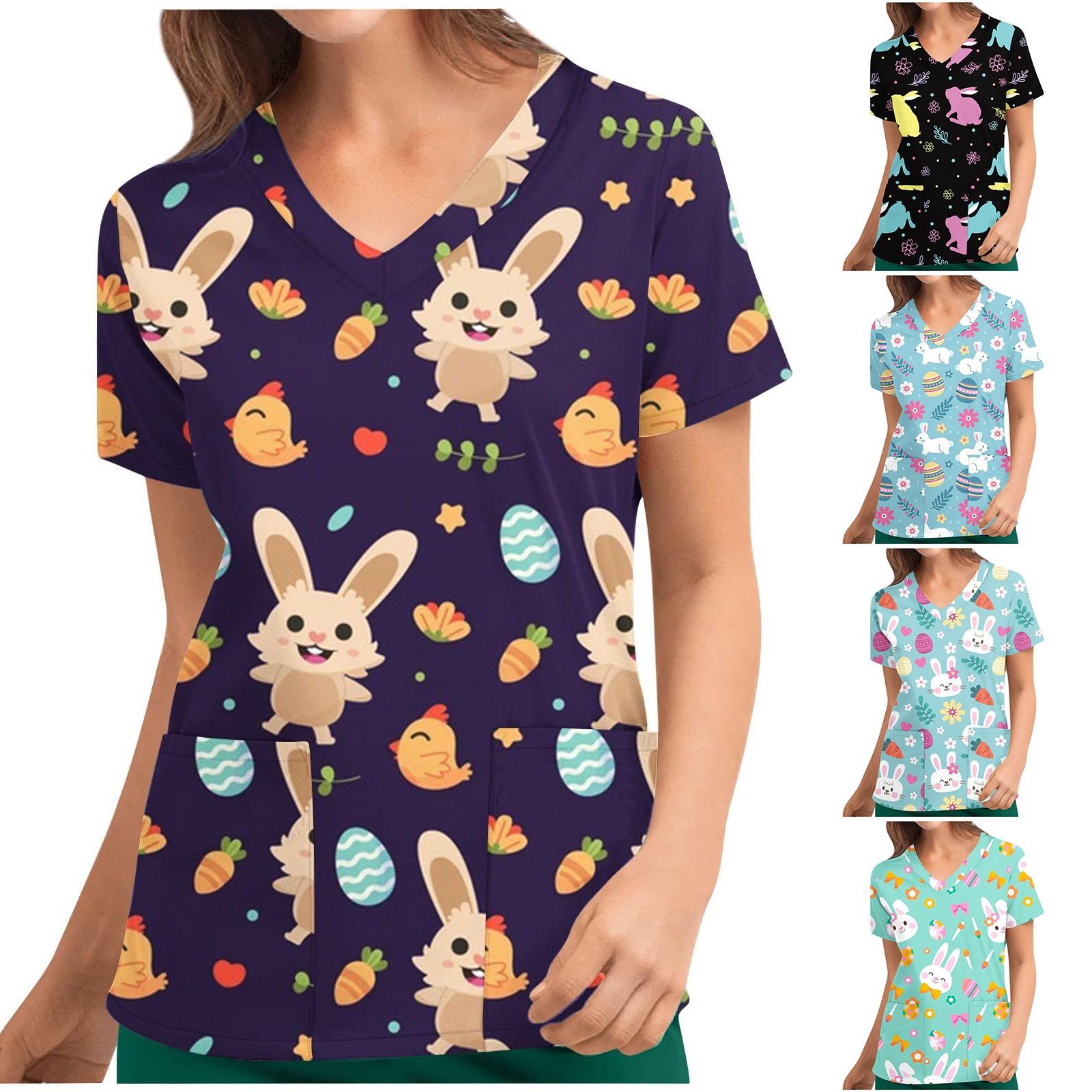 

Модные женские пасхальные топы с v-образным вырезом и коротким рукавом, рабочая форма, карманная блузка