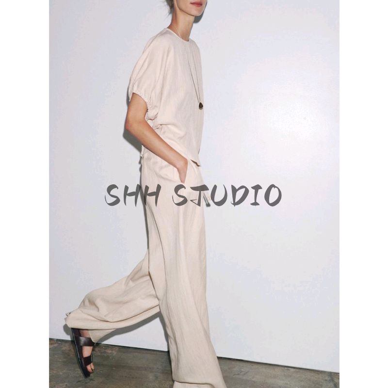 Curved Hem Puff Short Sleeve round Neck Shirt 8272447 Loose Pajamas Wind Waist Pants 8226447