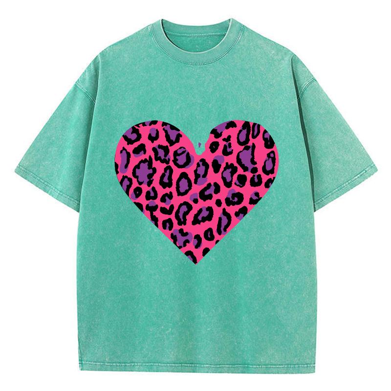 Pink Leopard Heart Prints Washed TShirt Women Cotton T Shirts ONeck Comfortable Distressed Tops Summer Casual Woman Clothes