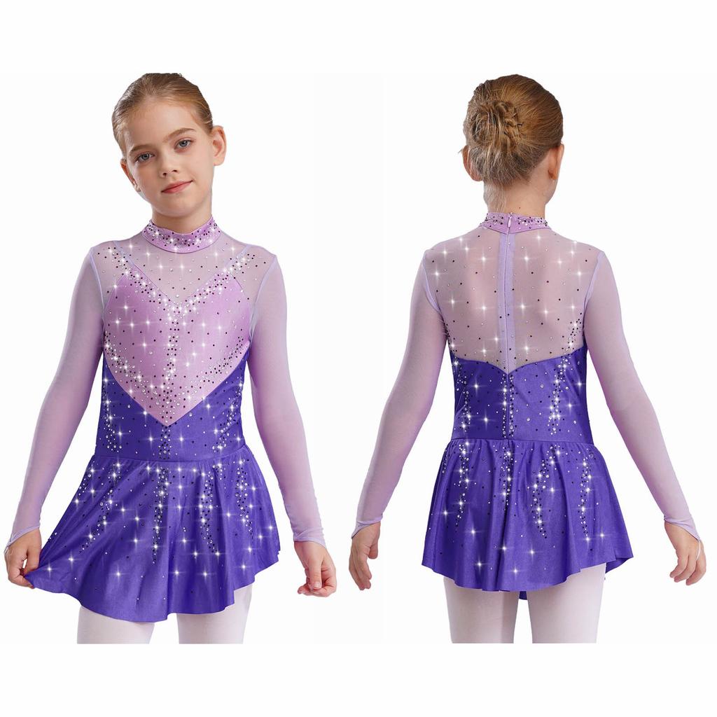 Jenter Skøytekjoler Dansedrakter Mock Neck Langermet Fargeblokk Gjennomsiktig Mesh Patchwork Skinnende Rhinestones Kjole