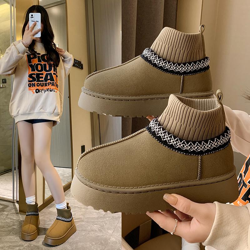 Fashion Women's Knitted Snow Boots 2024 New Winter Plus Fleece Thick Warm Slip-on Korean Version of Casual Thick Soled Cotton Shoes