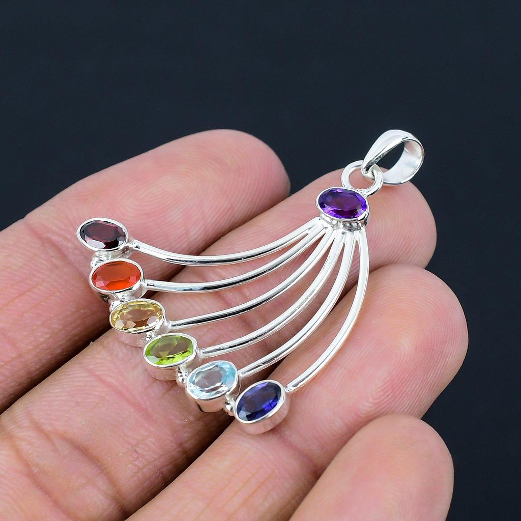Natural Seven Chakra Gemstone Pendant, 925 Sterling Silver, Handmade Gemstone Pendant Jewerly Gift For Valentine's Day