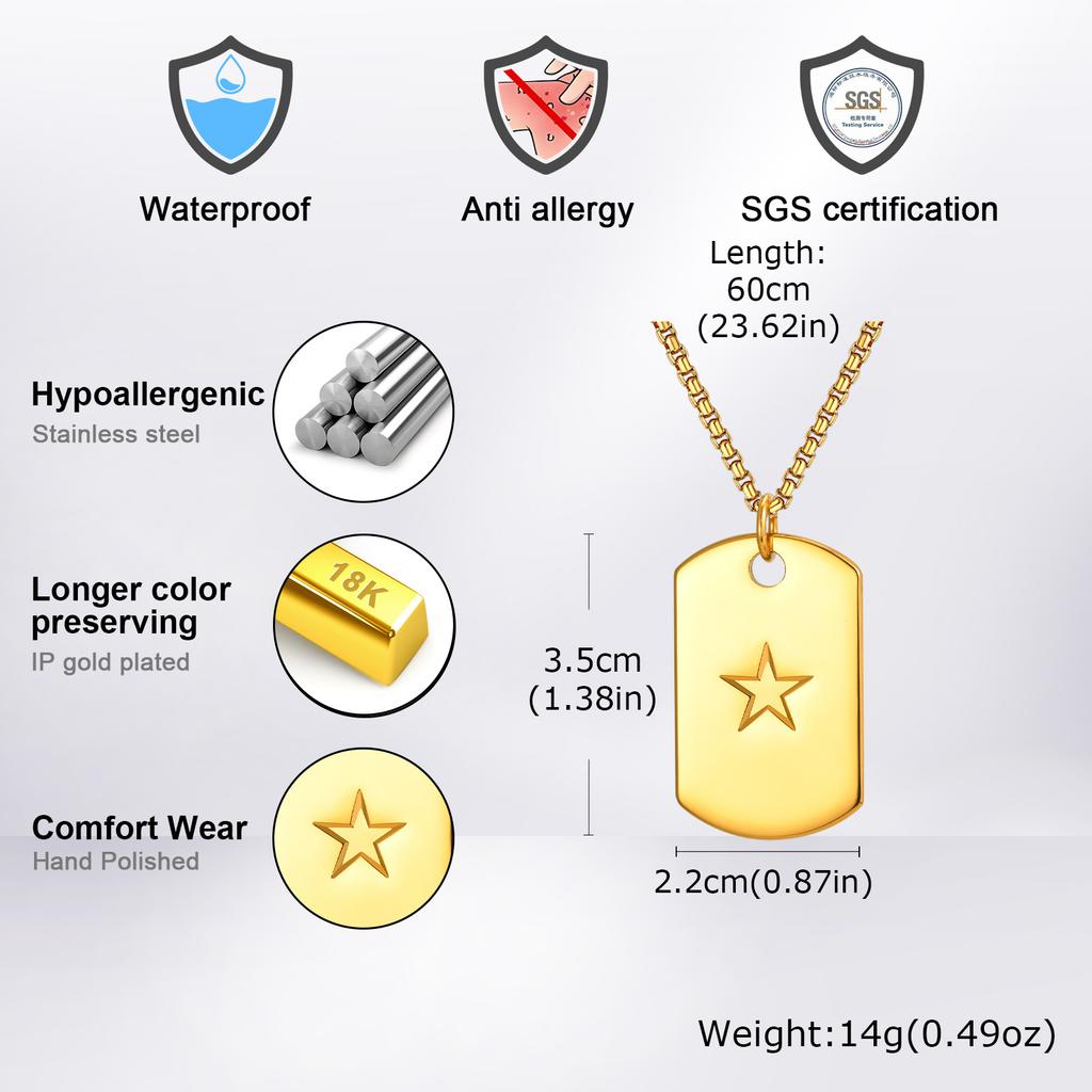 Vnox 60cm Stylish Dog Tag Pendant Neckalce for Men, Stainless Steel Geometric Box Chain Necklace, Birthday Graduate Father Gift