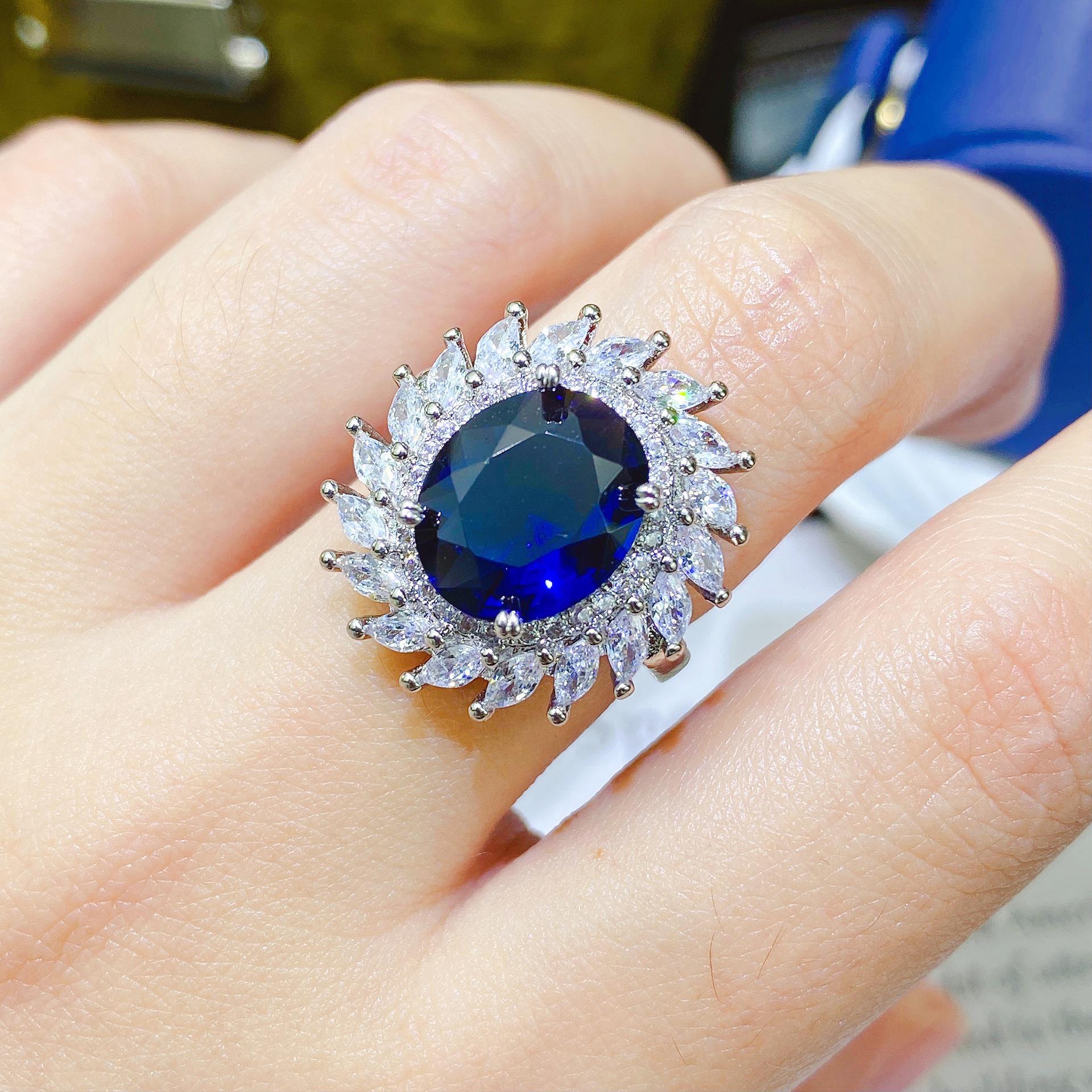 

18k White Gold-Plated Luxury Ring with Royal Blue Tanzanite Imitation Adjustable Open