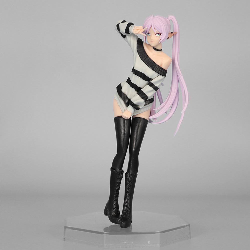 

18Cm Anime Collectible Figurine - Frieren Beyond Journey S End Casual Striped Outfit Victory Pose Pvc Model Statue Desktop Present