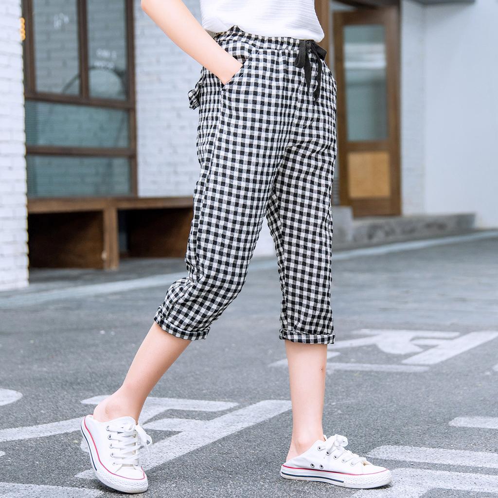 Girls' plaid casual cropped pants