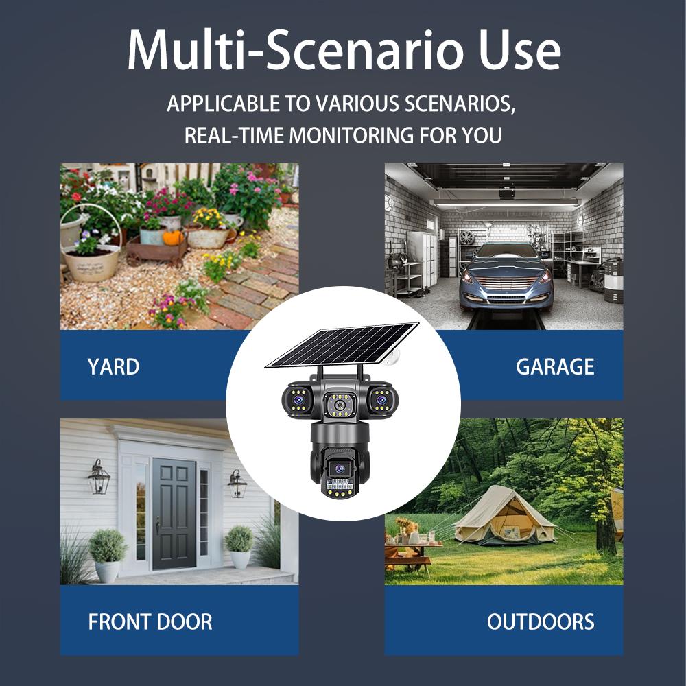 4G True Three-eye Three-lens Monitor with Night Vision and All-day Recording, Low Power Consumption Home AOV Solar Camera