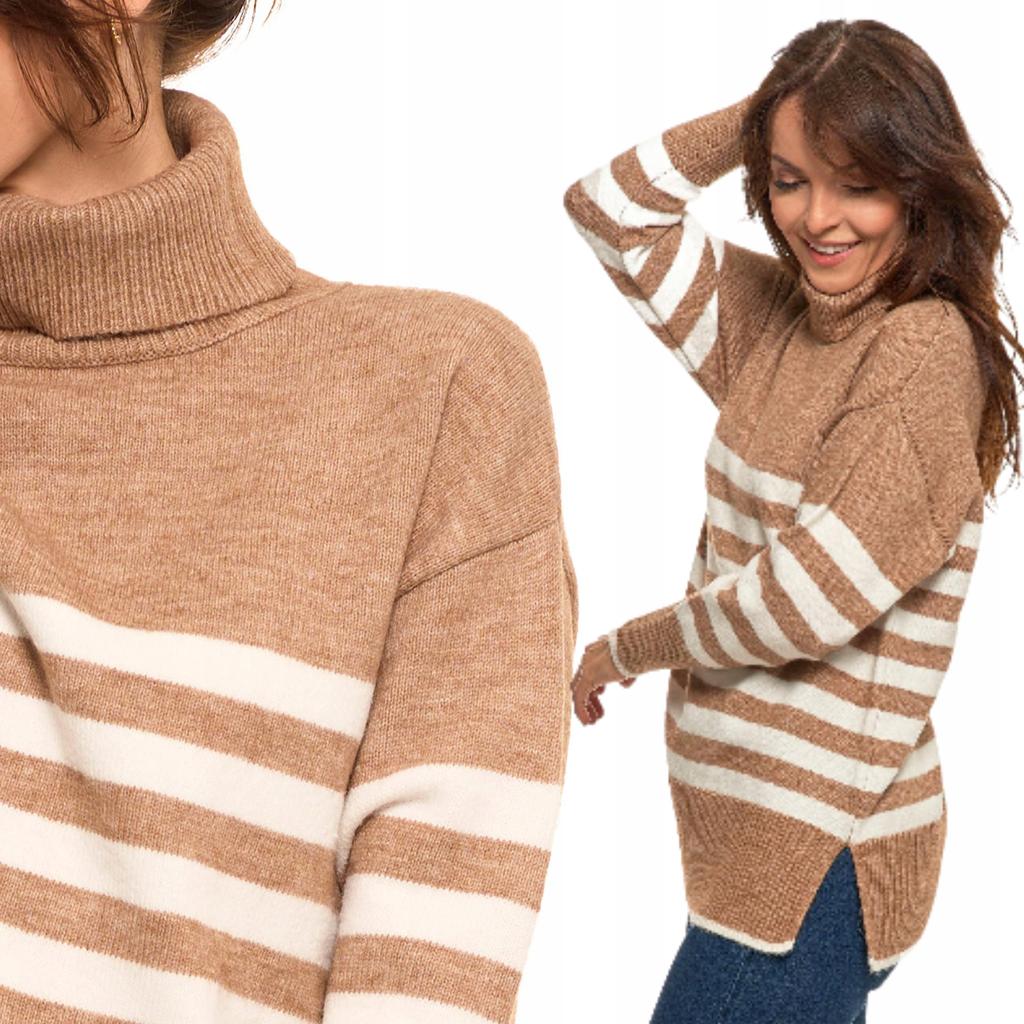 Women's Classic Long Sleeve Striped Turtleneck Sweater MORAJ M BEIGE