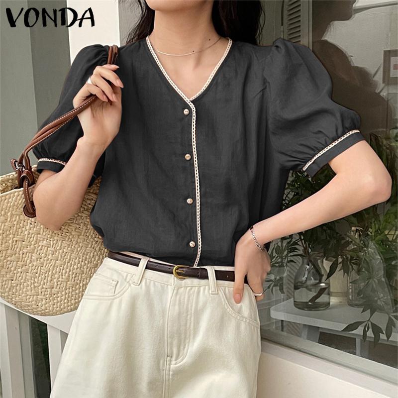 

VONDA женская летняя прямая однотонная свободная рубашка контрастного цвета с v-образным вырезом и короткими рукавами и пуговицами