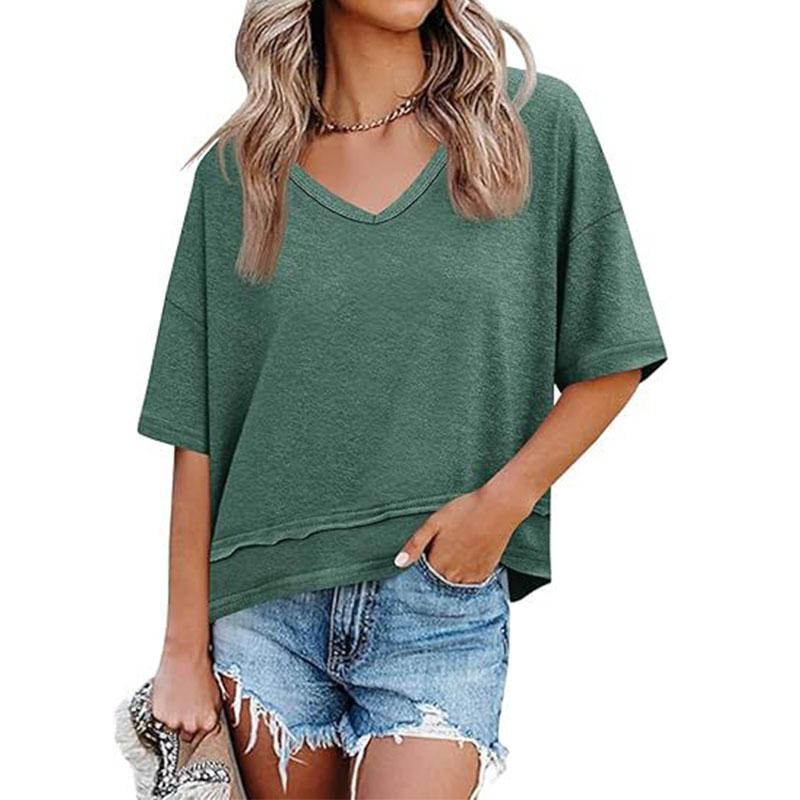 

2026 Spring/Summer New Women s Solid Color V-Neck Mid-Sleeve T-Shirt with Hem Patchwork Design XXL темно-зелений колір