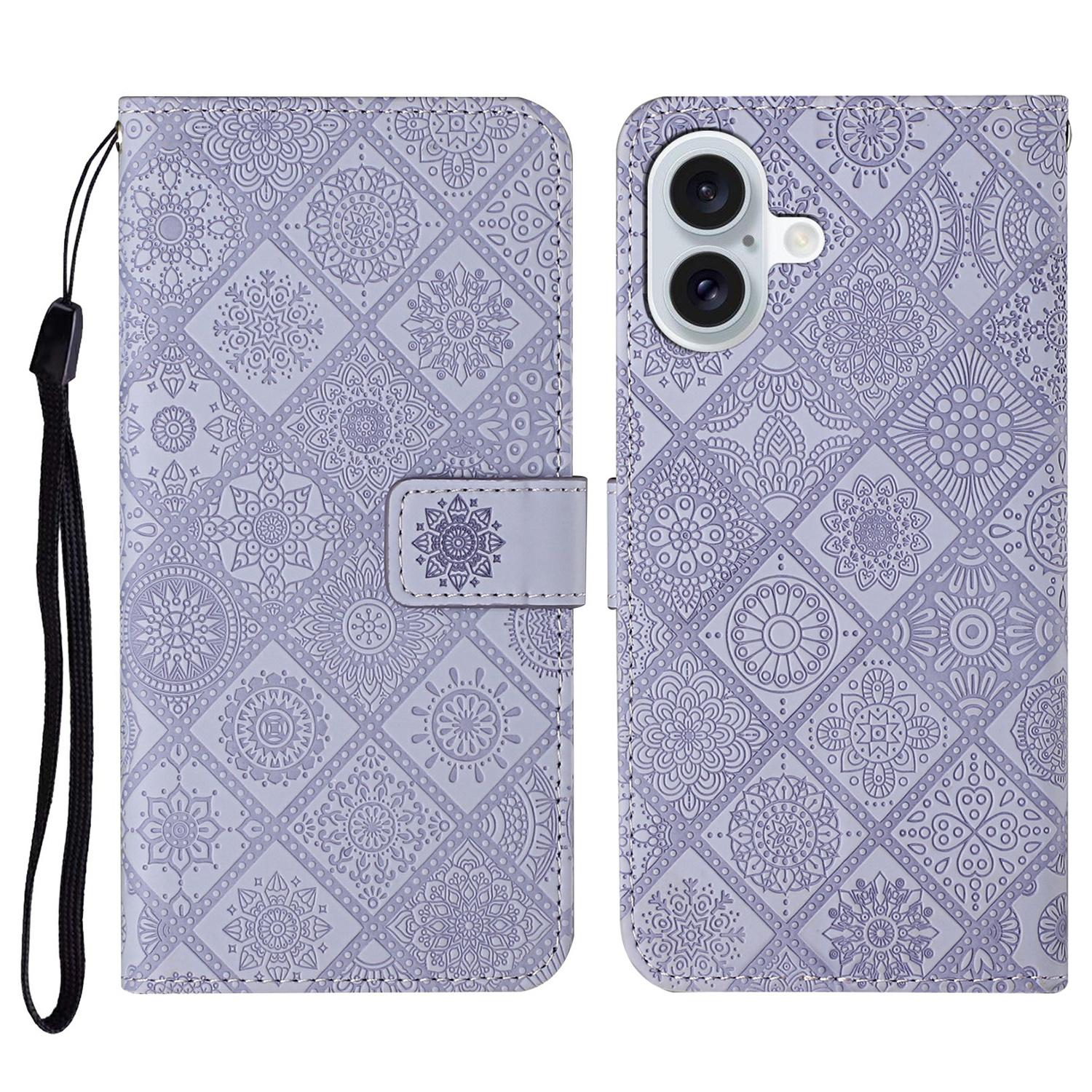 For iPhone 17 Case Leather Case Ethnic Style Wallet Phone Cover with Strap G