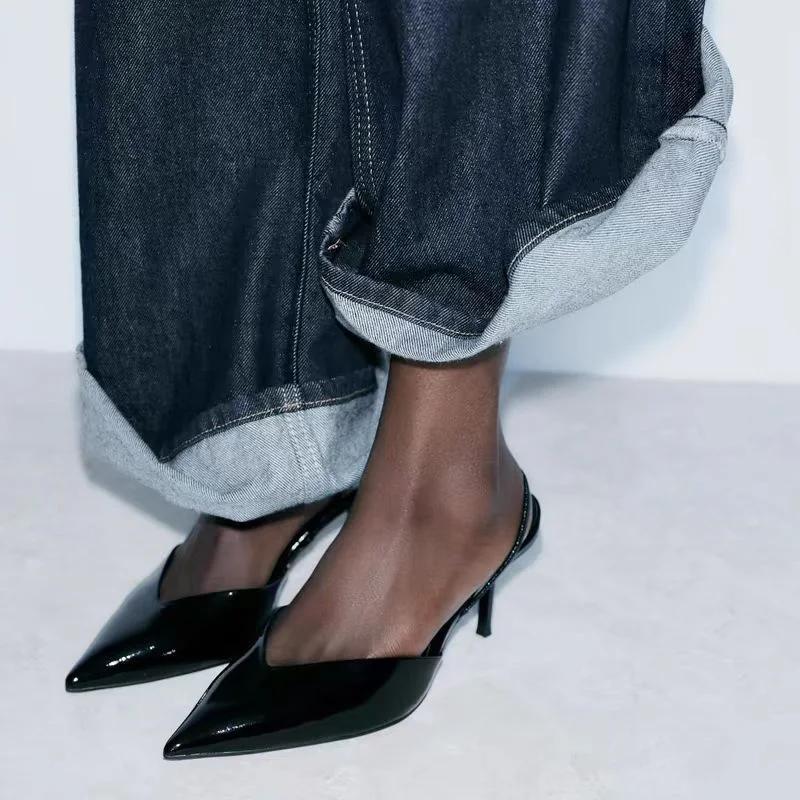 Sexy Patent Leather Black Office Lady sandals Elegant Pointed Stilettos Concise Design  High Heeled Women Dress Shoes