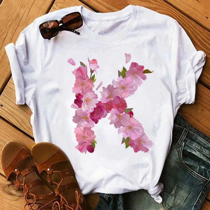 26 Letters Print T-Shirt Alphabet with Pink Flower Harajuku White Graphic Tee Casual Short Sleeve Lady Y2k Tops Women's Clothing