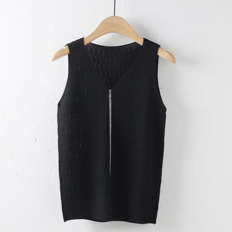 Ice Silk Suspender Tank Top Women's Bottom Coat Summer Short Loose Sleeveless White V-neck Knitted Casual Top