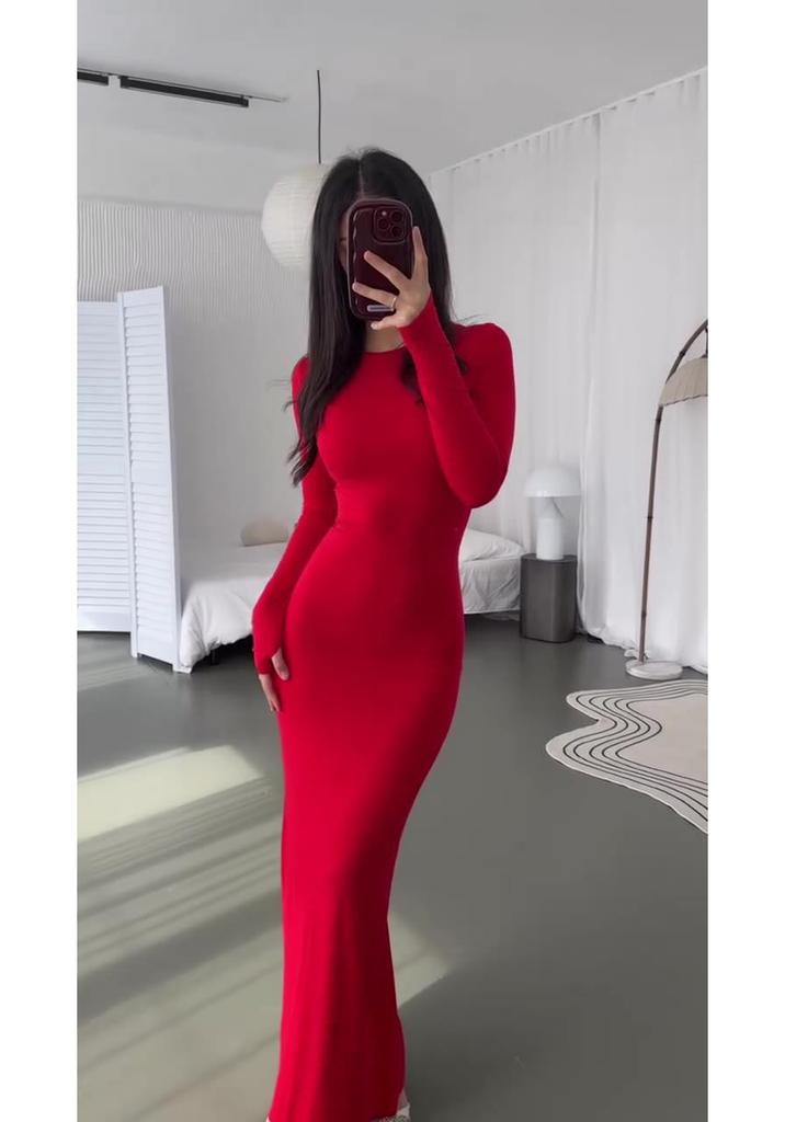 2025 Women's Autumn Sexy Bodycon High Waist Slimming Solid Color Long Dress
