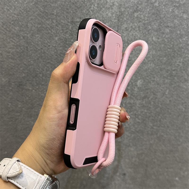 Slide Camera Lens Protection Wrist Strap Cord Case For iPhone 17 11 12 13 14 15 16 Pro Max Plus Shockproof Bumper Armor Cove
