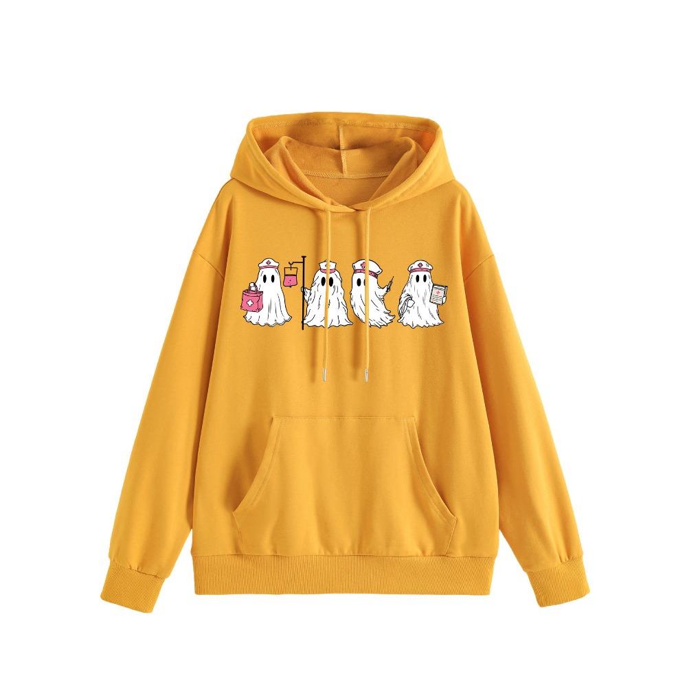 Autumn Winter Hooded Festival Ghost Nurse Syringe Print Casual Trend Long Sleeve Sweater Sweet Fresh Sweatshirt
