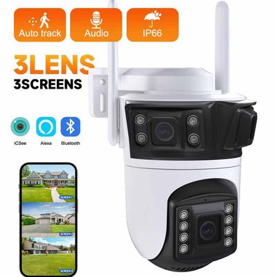 PTZ-IP-Kamera mit drei Objektiven, 6K HD, WiFi-Überwachungskamera mit drei Bildschirmen, automatische Verfolgung, 4K, drahtlose CCTV-Kamera mit zwei Objektiven, iCsee