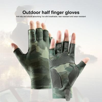1 Pair Men Fishing Gloves Half Fingers Wear-resistant Cooling Camouflage Print Elastic Good Breathability Outdoor Climbing Camping Gloves