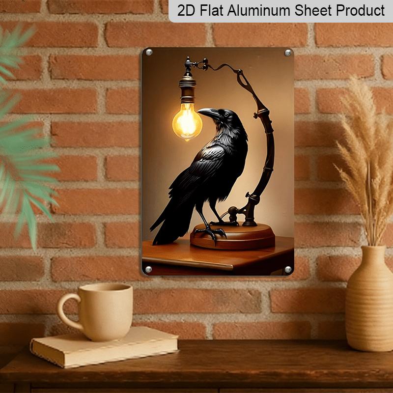 2D Flat 1pc Retro Crow and Black Metal Sign, A 12 By 8 Inch Metal Crow Art Decoration Plaque, Ideal for Home and Office, Modern Interior Design