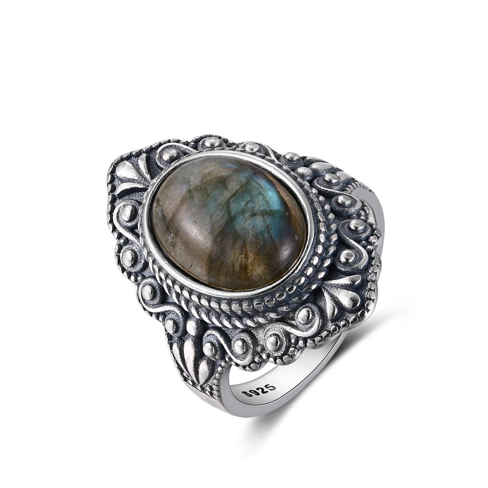 CopperRing for Women Oval Round Natural Labradorite Ring Gift Sun Shaped Retro Luxury Fine Jewelry