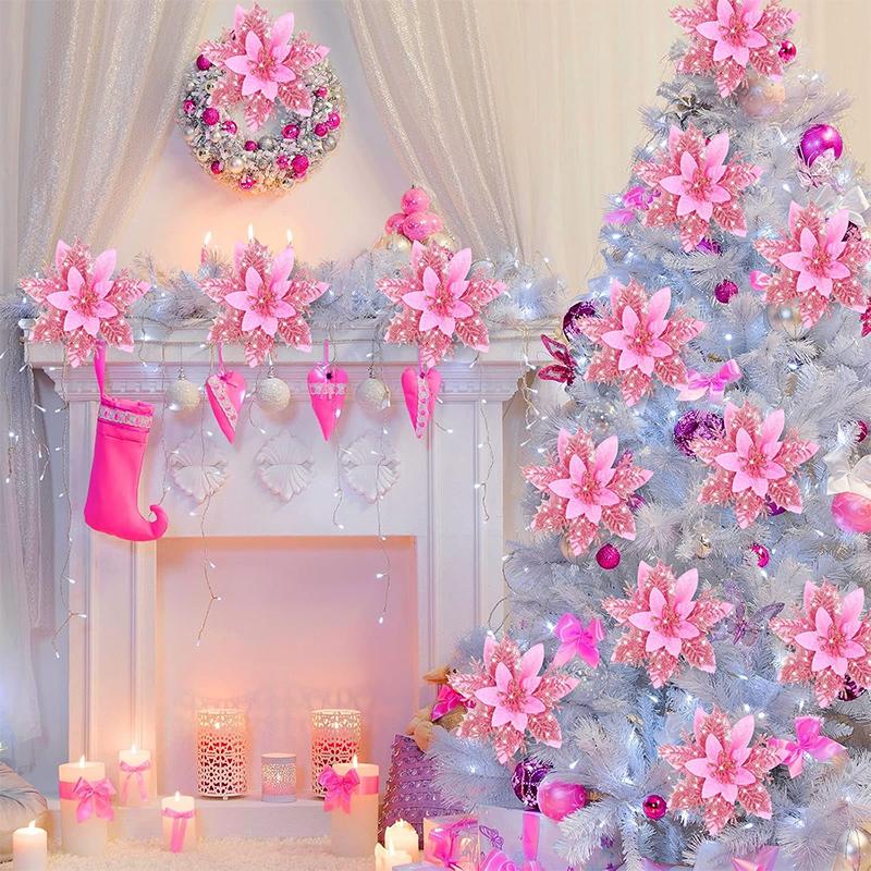 1bag 5pcs Christmas Decorations Glitter Polyester  Artificial Christmas Flowers for Christmas Tree Ornament Party Wreath Decor