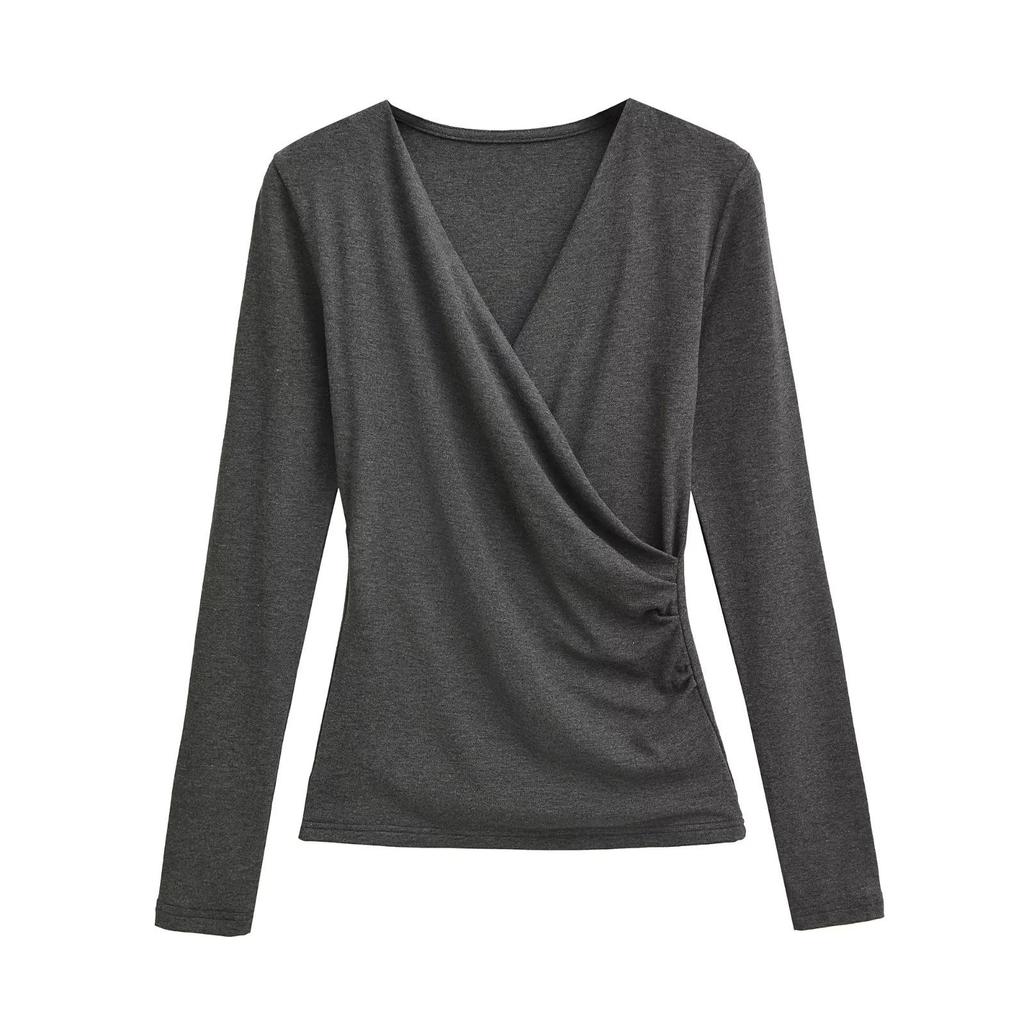 Mature Style V-neck Cross-Pleated Long-Sleeve Top for Women – Autumn/Winter Slimming Waist T-shirt