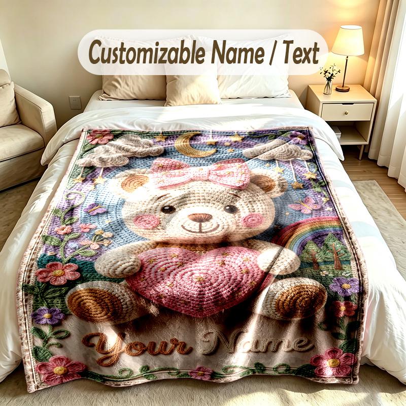 Teddy Bear Theme Custom Blanket Personalized Name & Text Customized Soft Warm Throw Blanket Home Decor