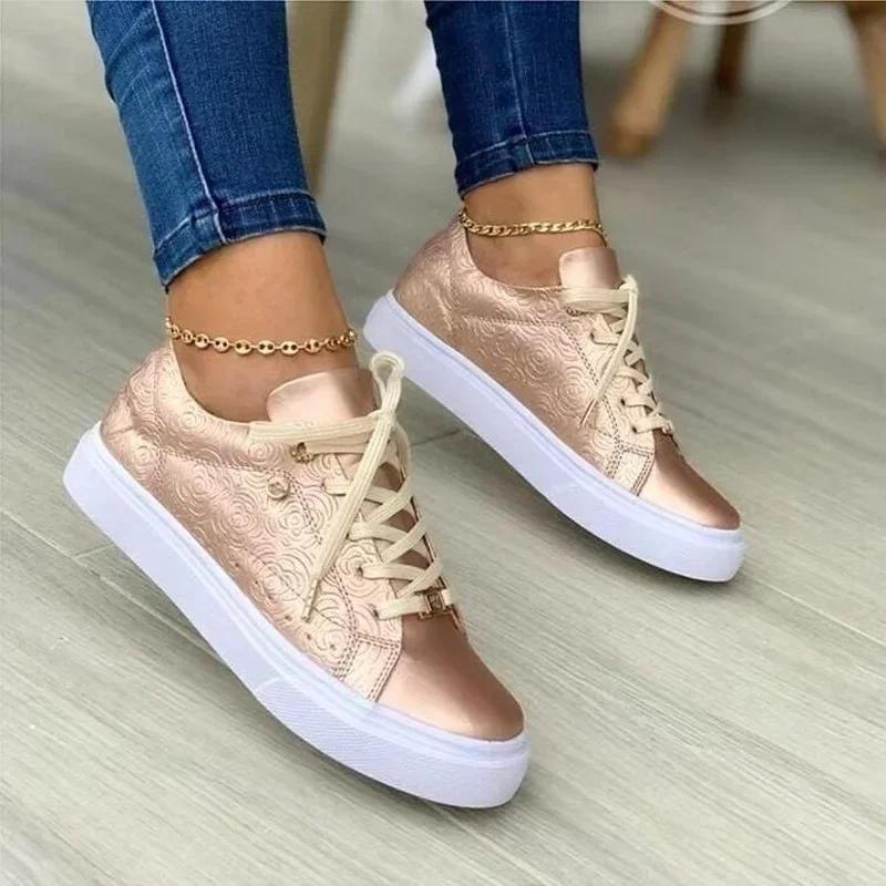 Rose Gold Women Vulcanized Shoes Solid Color Low-heeled Flat Casual Shoes with Golden Buttons 2024 New Lace Up Female Sneakers