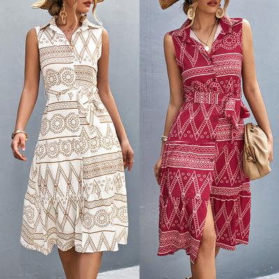 Moda feminina de verão estilo étnico saia camisa gola sem mangas vestido longo com cadarço
