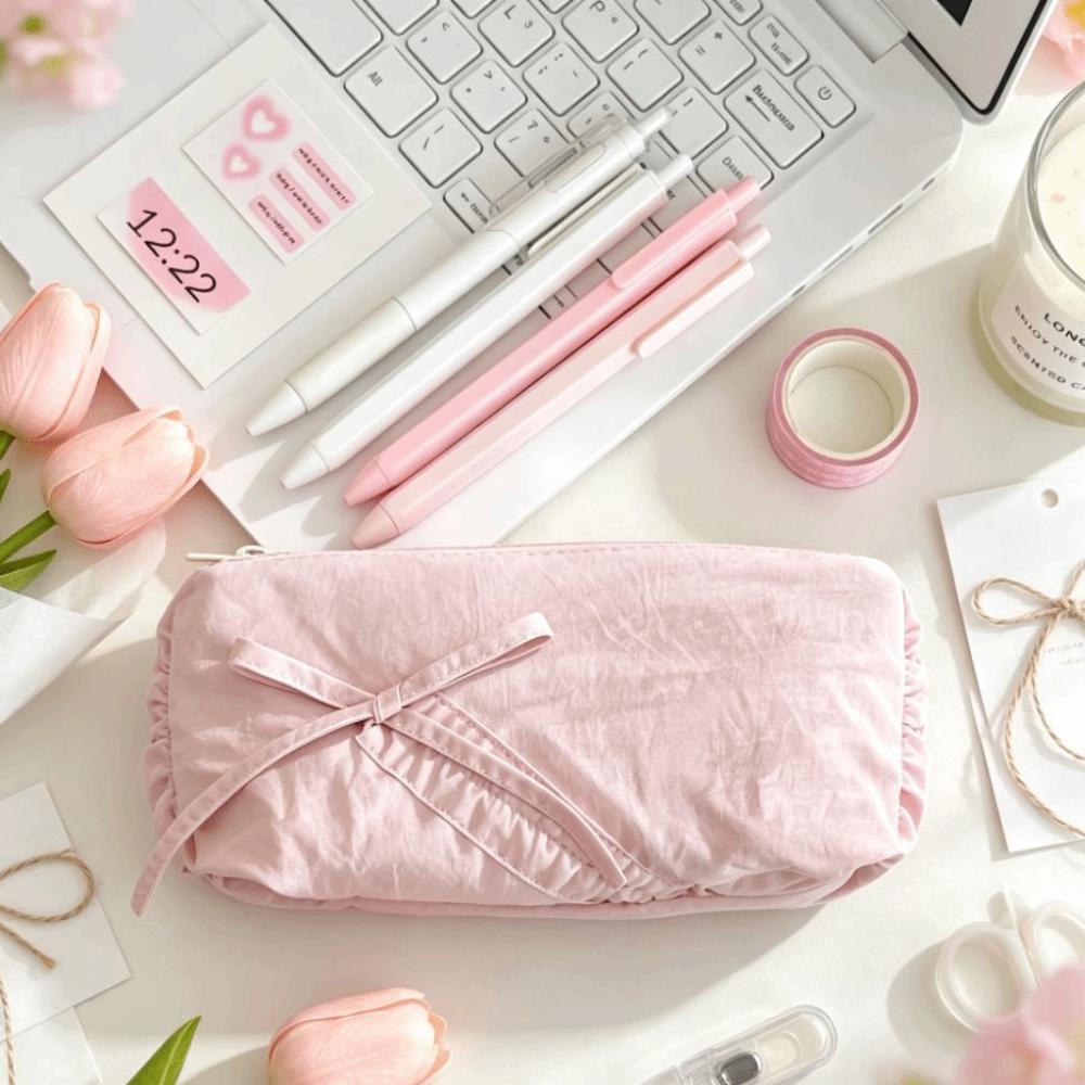 Bowknot Design Stationery Storage Bag Solid Color Pencil Bag Storage Bag Pencil Case Students