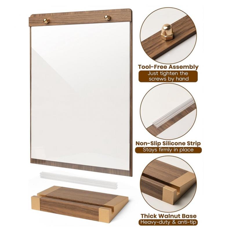 Pacote com 3 Suportes de Placa de Acrílico (8,5 x 11 polegadas) com base de nogueira, expositor de mesa transparente para menus e posters