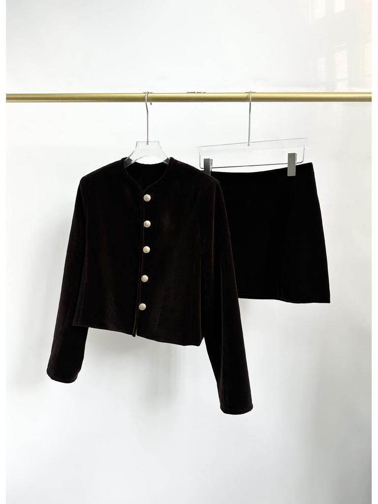 Elegant Dark Brown Single-Breasted Jacket & Skirt Set