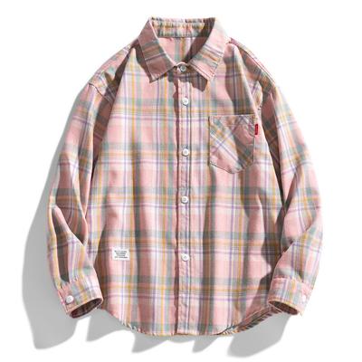 Trendy Brand Plus Size Shirt Spring and Autumn New Style Youth Loose Fashion Plaid Shirt Thin Long-sleeved Shirt Men's Lapel